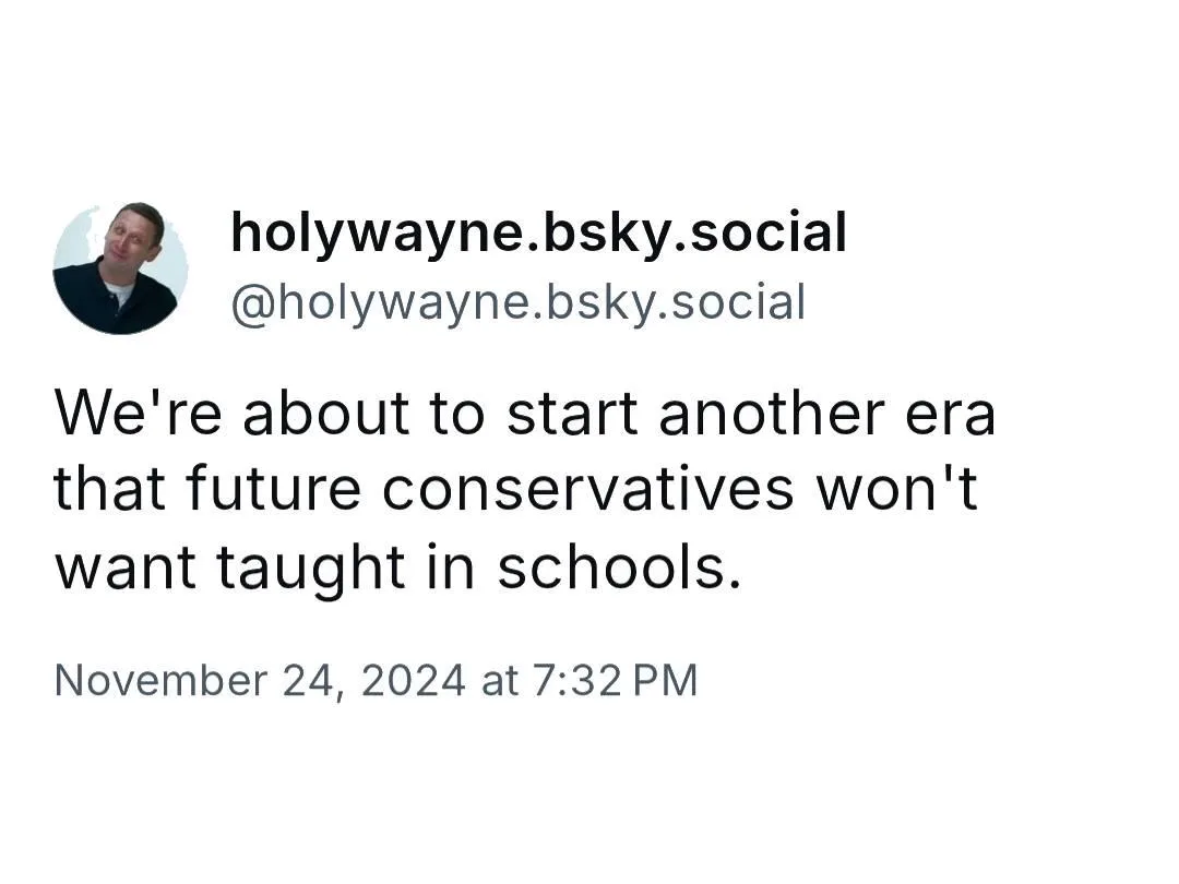 A screenshot of a social media post from 'holywayne.bsky.social' featuring a circular profile picture of a man with short…