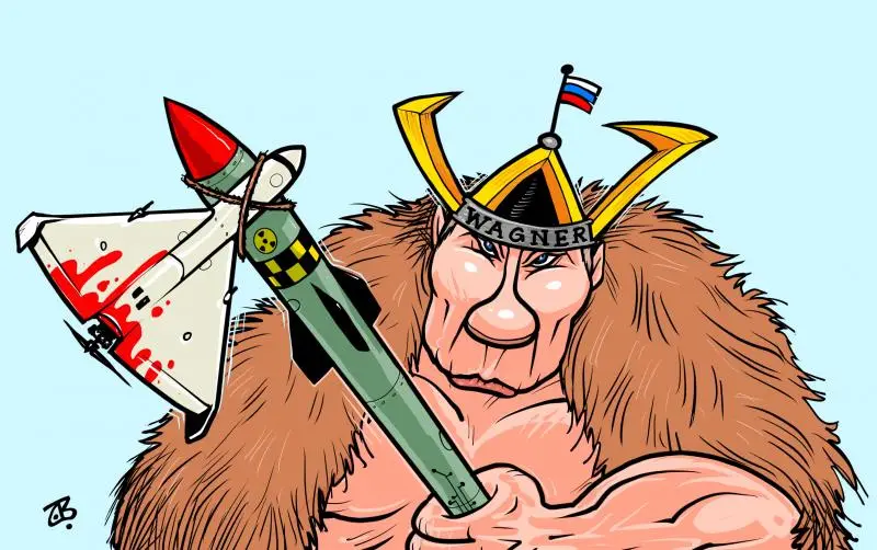A cartoonish, muscular, furry humanoid figure wearing a Viking-style helmet with a Russian flag and a 'WAGNER' band, holding…