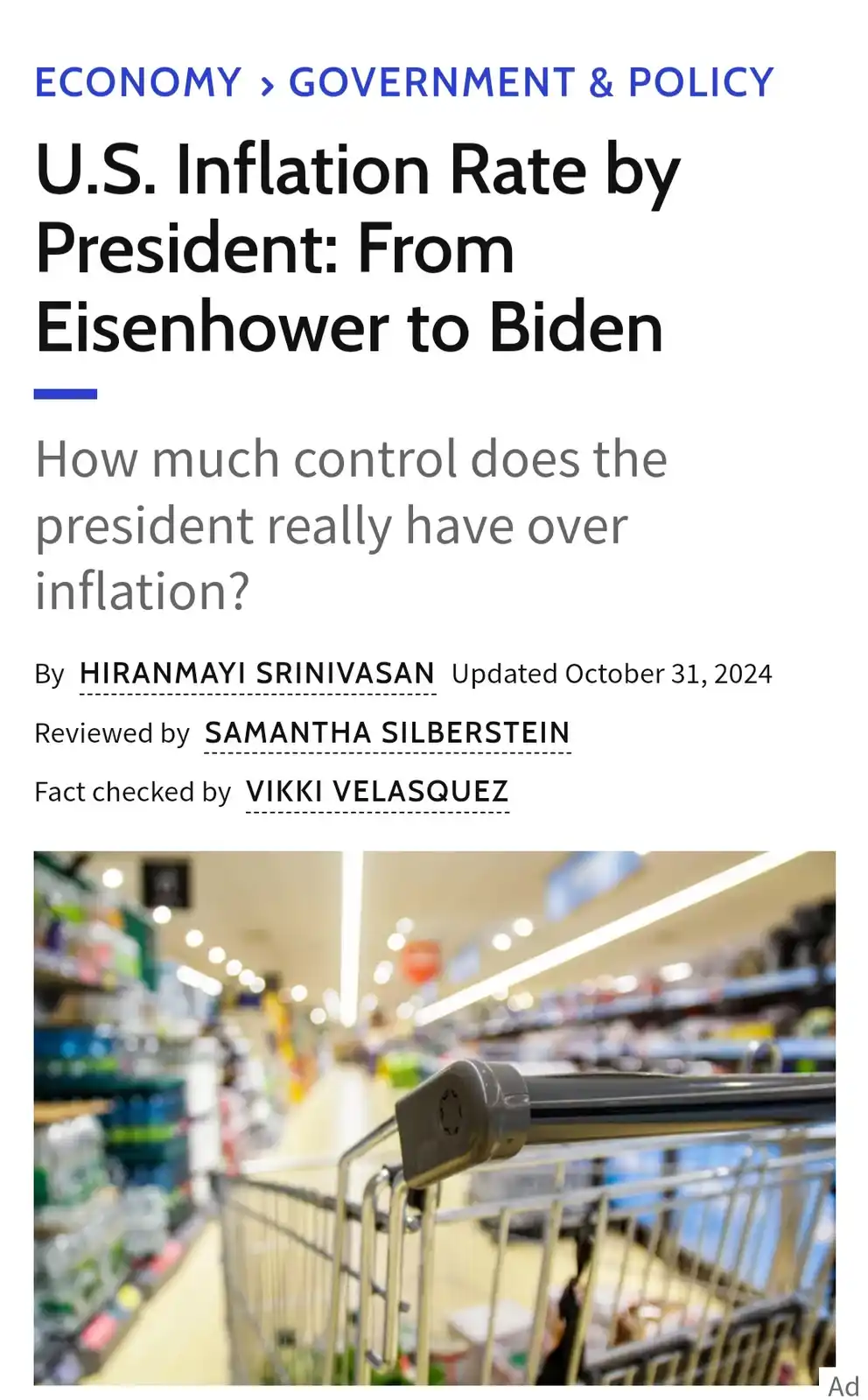 An article titled 'U.S. Inflation Rate by President: From Eisenhower to Biden' with a photo of a shopping cart in a…