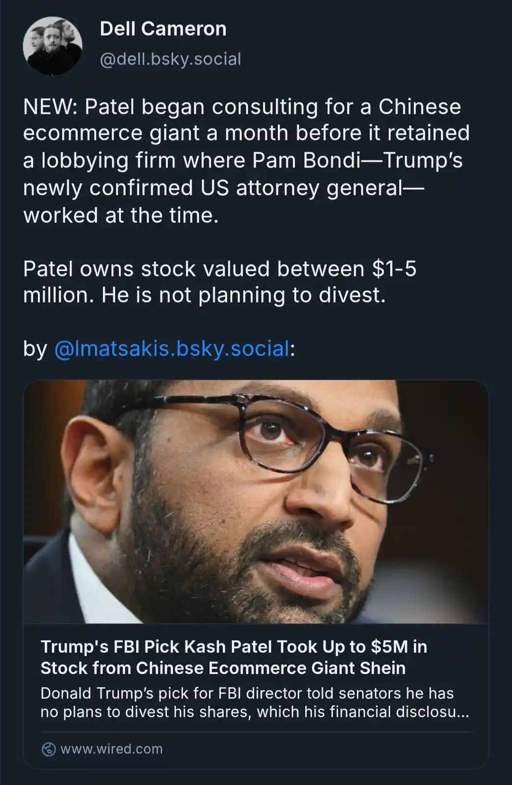 A screenshot of a social media post by Dell Cameron featuring a close-up photo of Kash Patel, a man with glasses and a…