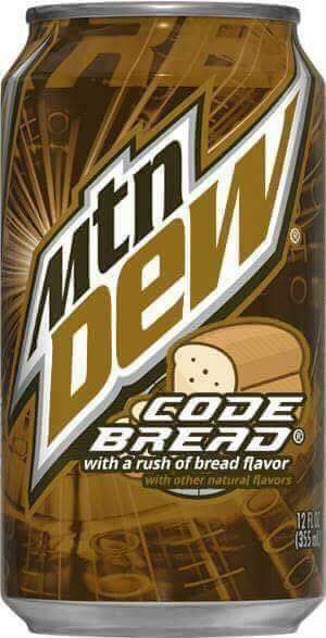 A Mountain Dew soda can is shown with a fictional flavor called 'Code Bread' advertised as having 'a rush of bread flavor…