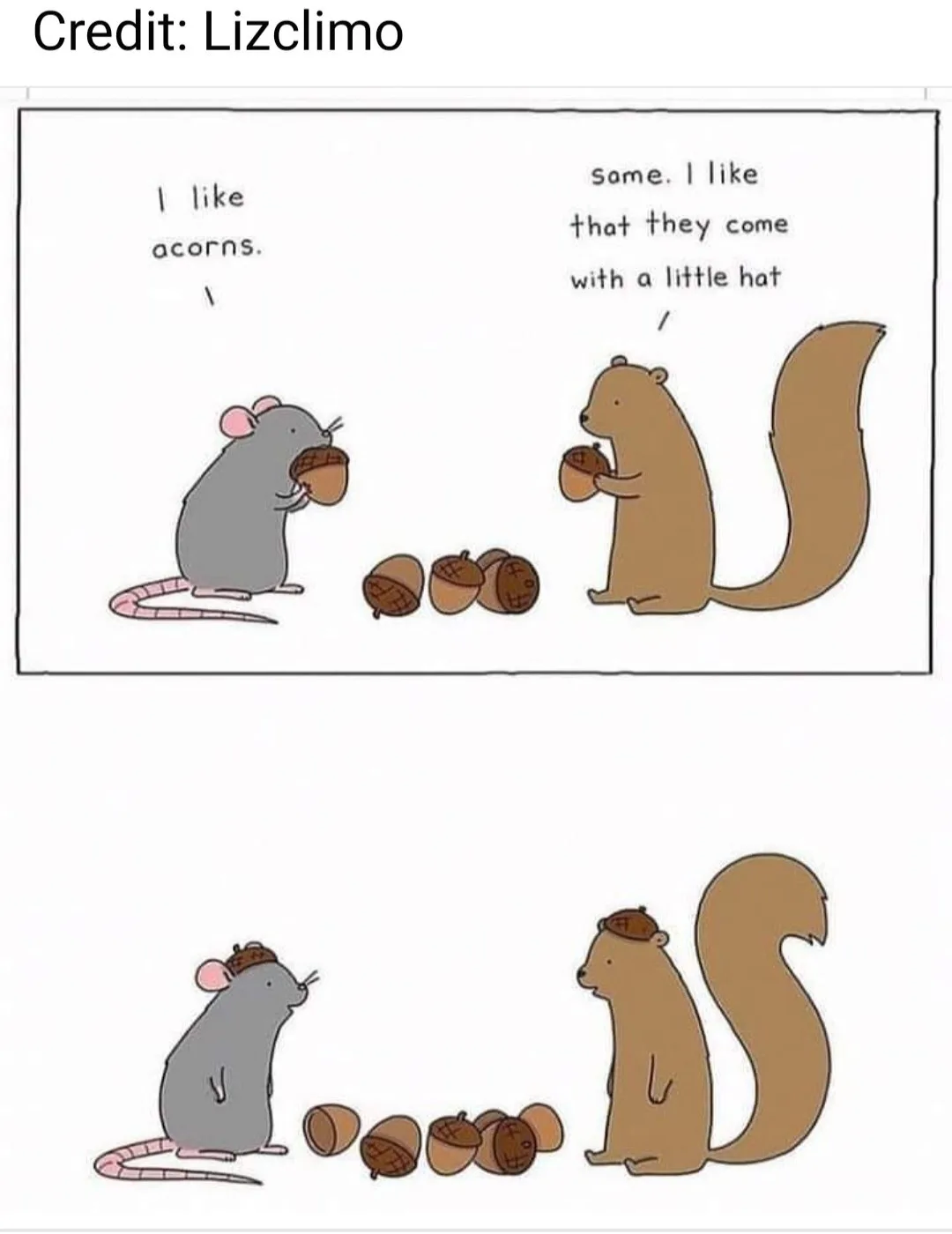 A two-panel cartoon shows a gray mouse and a brown squirrel both holding acorns. In the first panel, the mouse says 'I like…