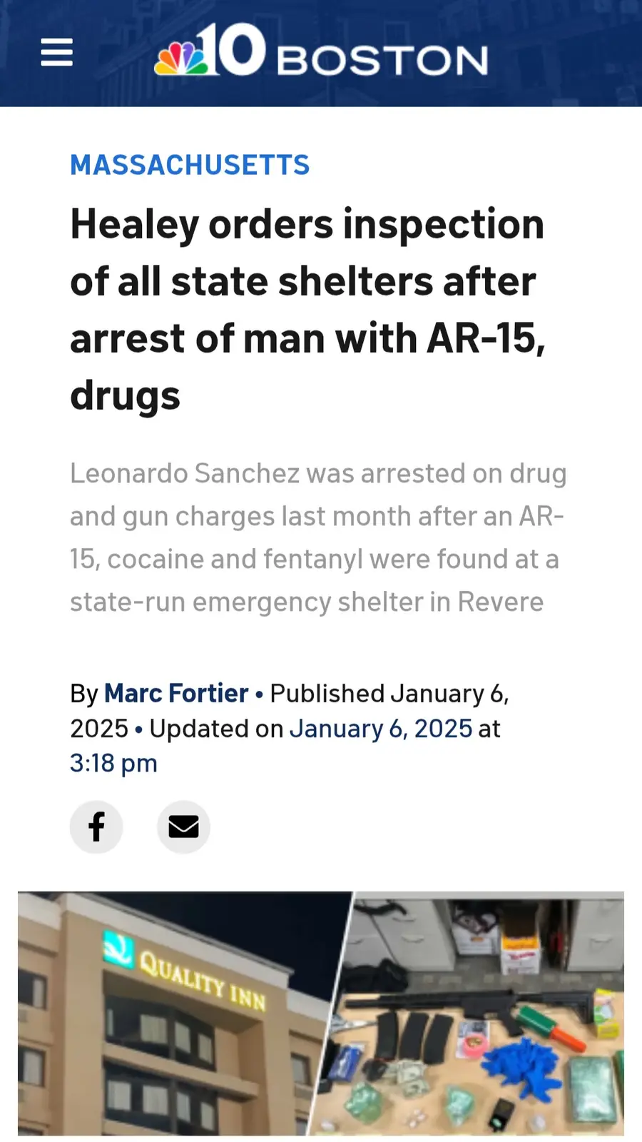 A screenshot of a NBC10 Boston news article about a man arrested at a state-run shelter with an AR-15, cocaine, and…