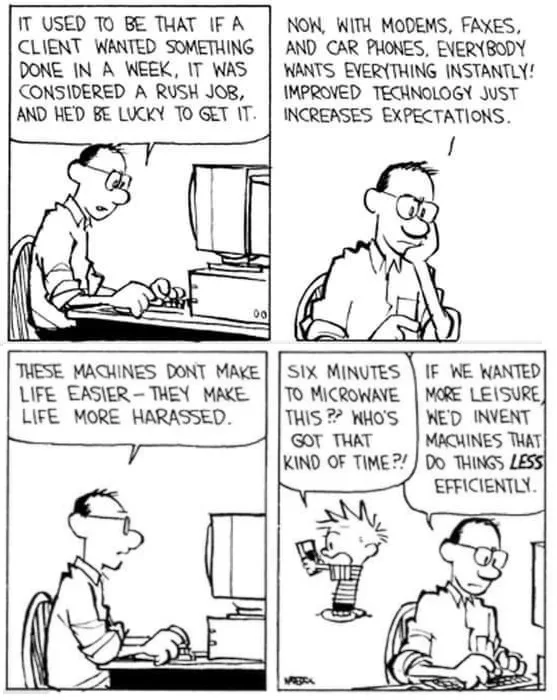 A four-panel black-and-white comic strip shows a man at a computer reflecting on how technology has raised expectations for…
