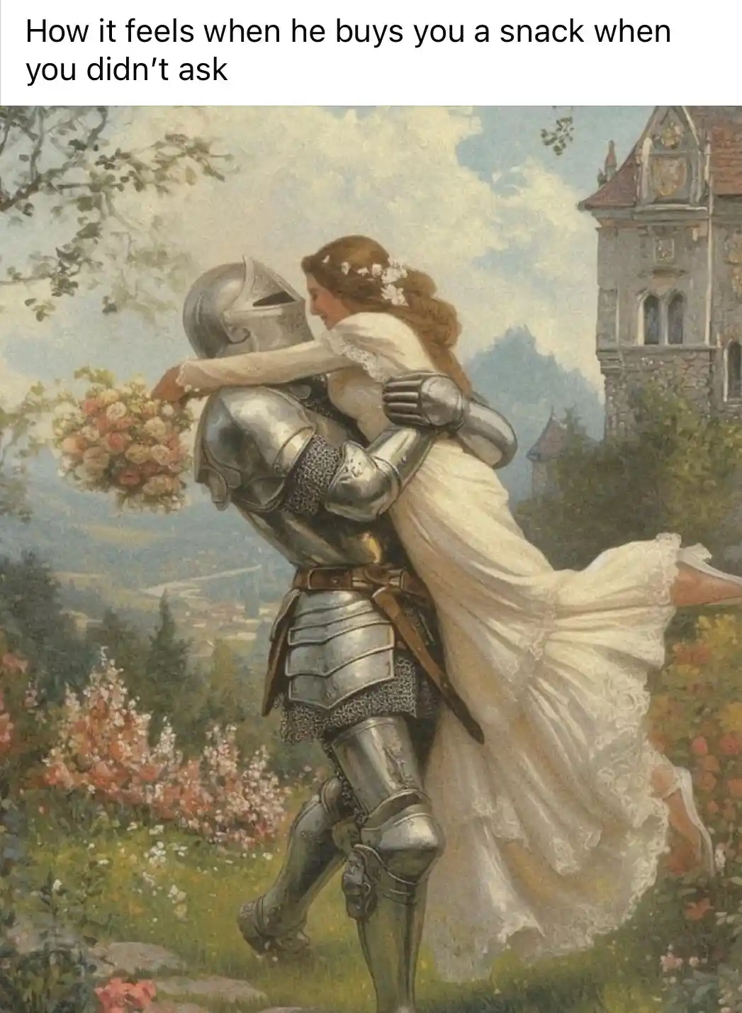 A romantic painting depicts a knight in full silver armor carrying a woman in a white wedding dress through a garden with…