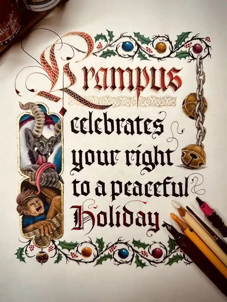 A highly detailed, ornate calligraphy piece on white paper features the text 'Rampus celebrates your right to a peaceful…