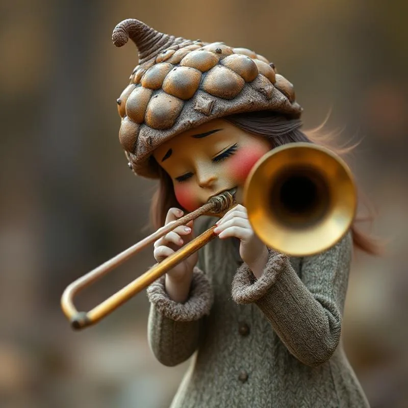 A stylized, doll-like girl with rosy cheeks wears a large, detailed acorn-shaped hat and plays a brass trombone. Her eyes…