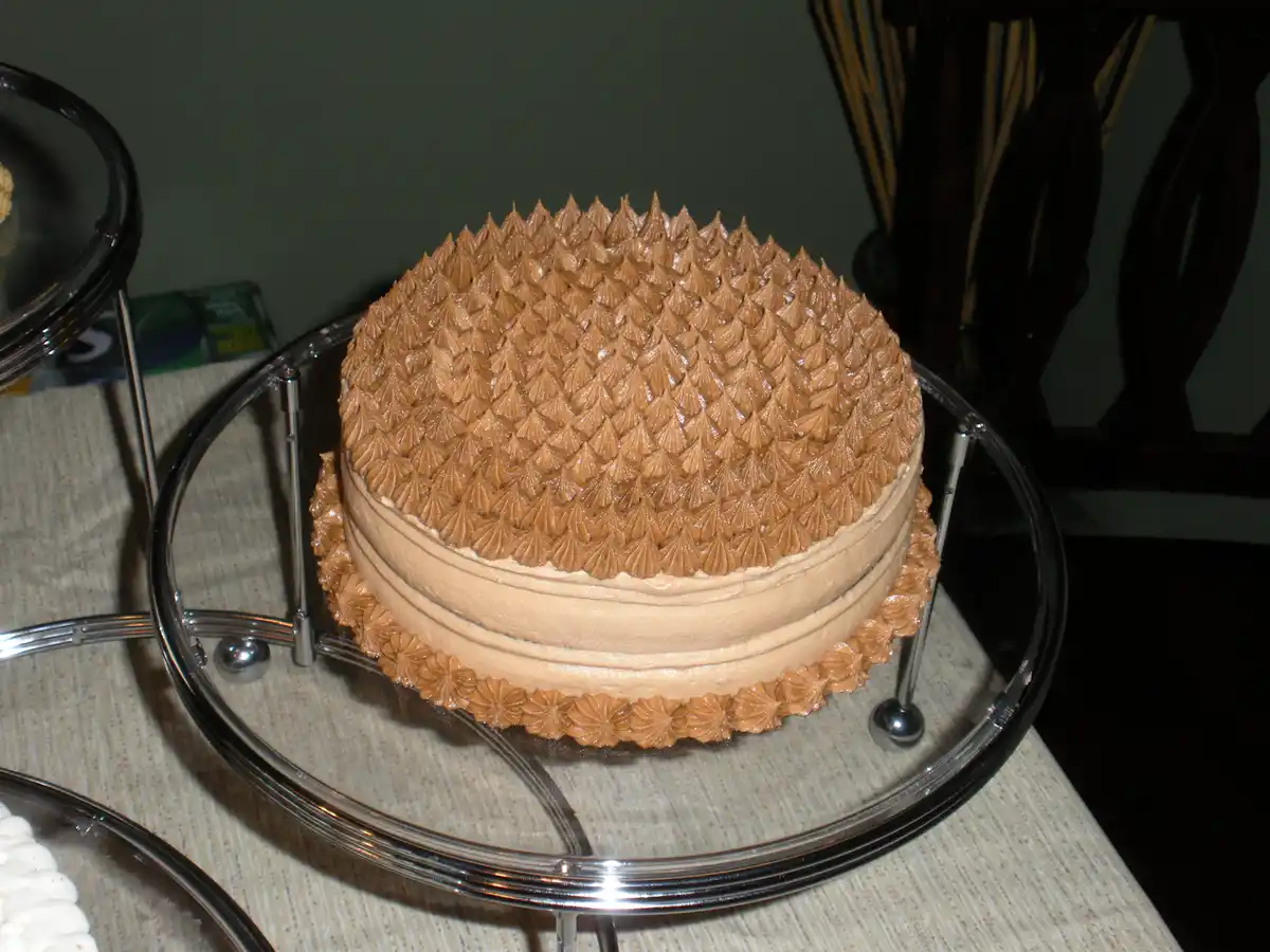 A round chocolate cake with piped frosting sits on a glass cake stand. The top is covered in dense, spiky frosting rosettes…