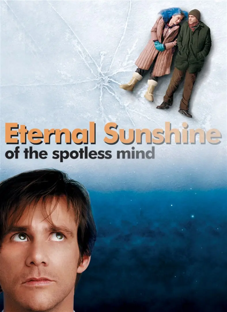 The image is the movie poster for 'Eternal Sunshine of the Spotless Mind,' featuring a man's face in the foreground looking…