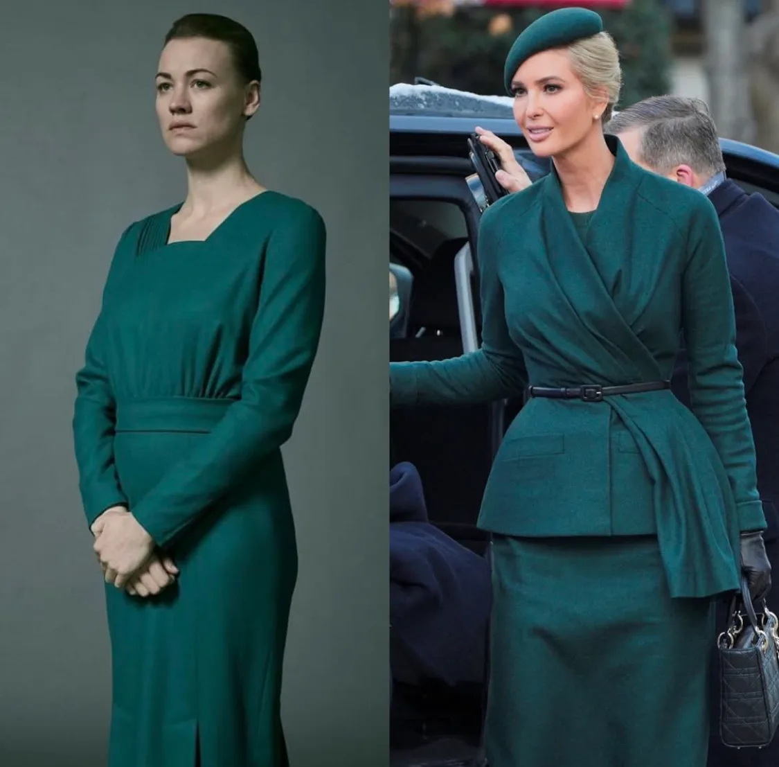 The image is a side-by-side comparison: on the left, a woman in a plain, long-sleeved, emerald-green dress with a square…