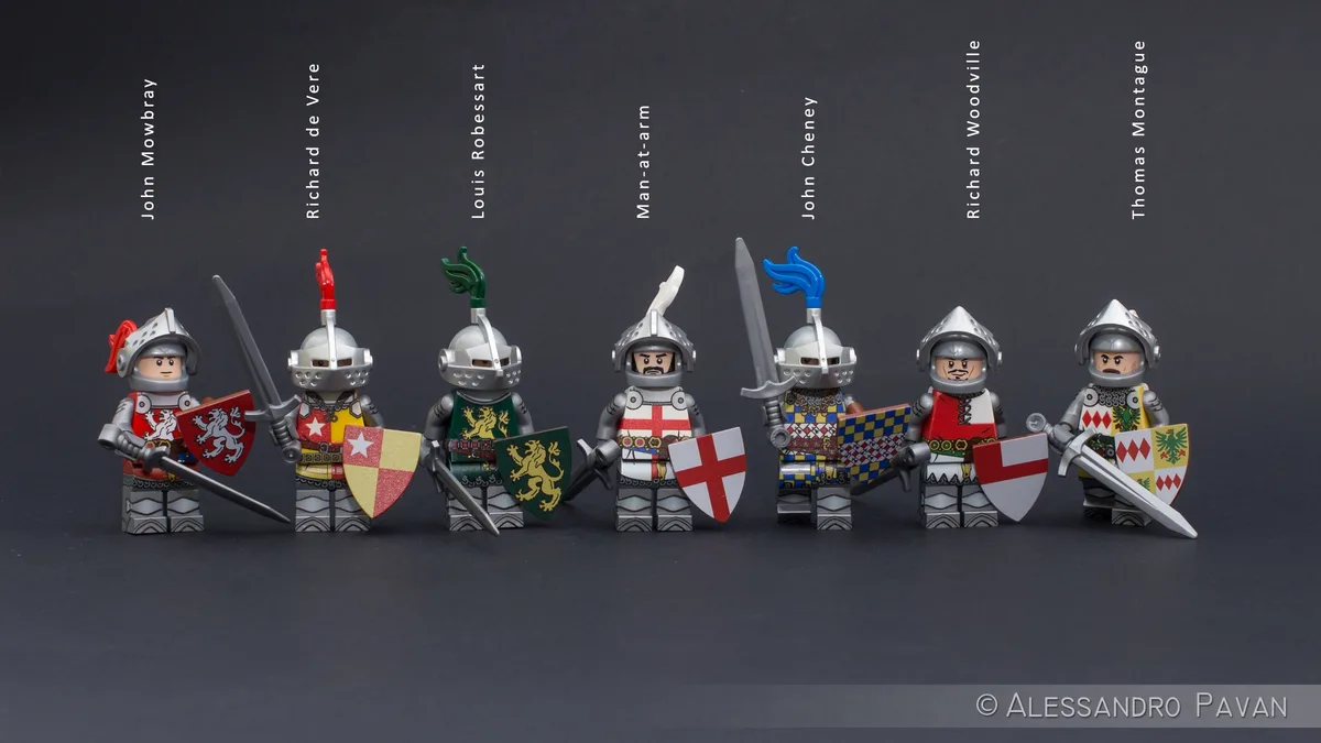 Seven LEGO knight minifigures stand in a row against a dark background, each holding a sword and shield with distinct…