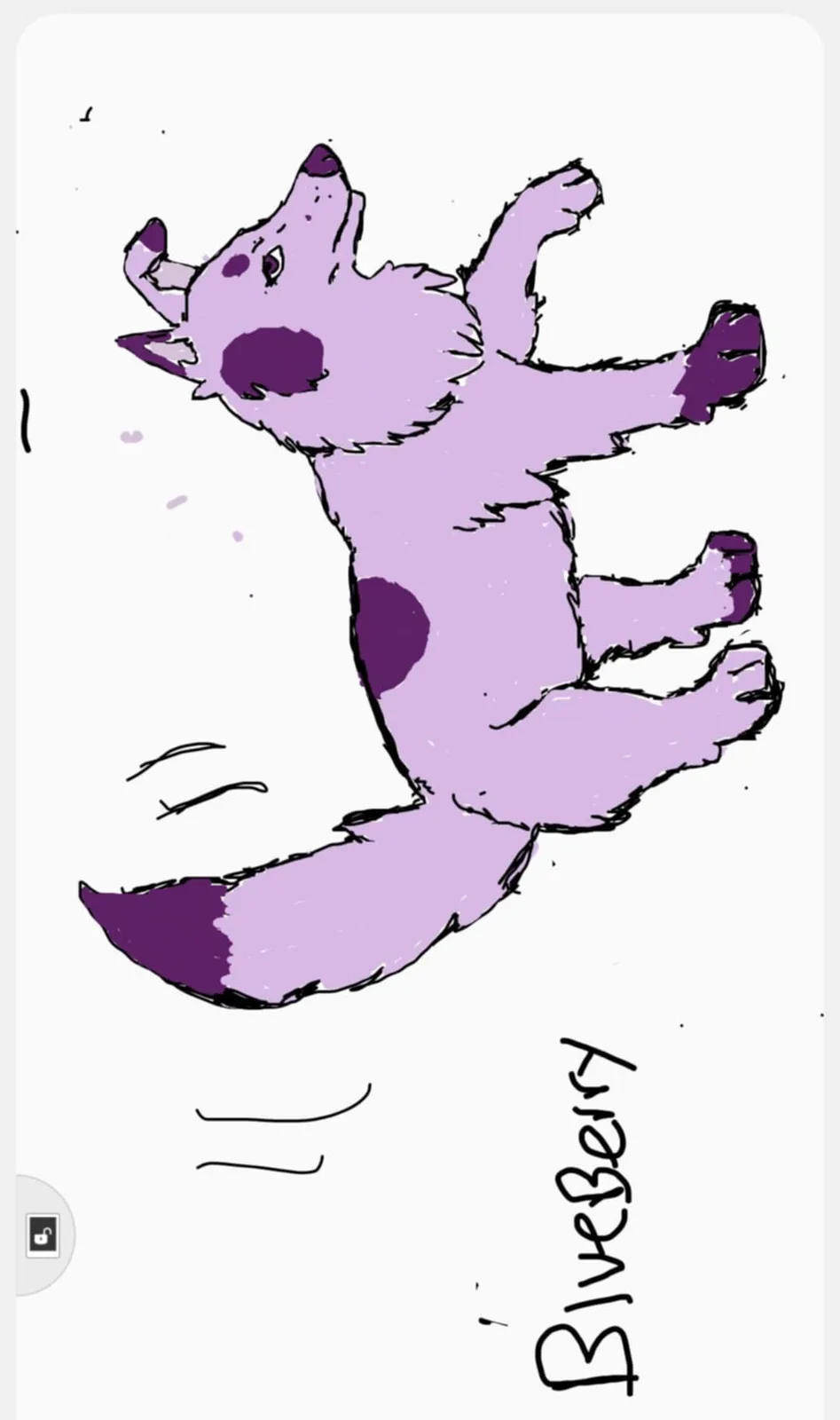A hand-drawn, purple-furred anthropomorphic fox or wolf is depicted mid-air, falling or tumbling with limbs flailing and a…