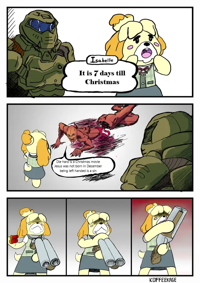A three-panel comic strip featuring Isabelle from Animal Crossing and Master Chief from Halo. In the first panel, Isabelle…