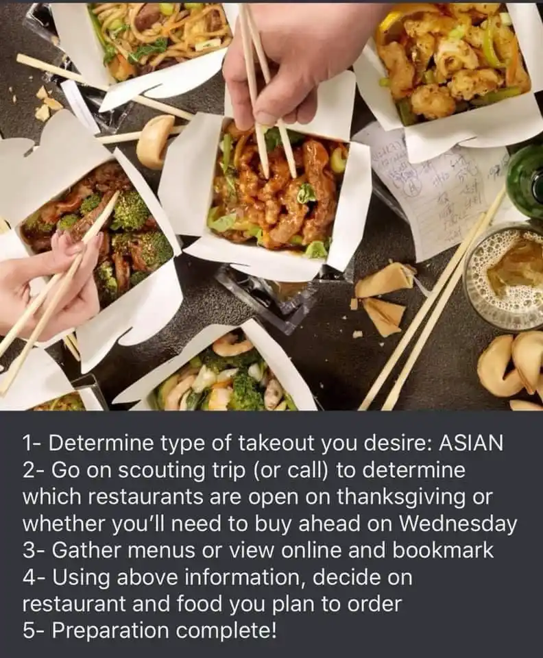 An overhead photo shows multiple hands using chopsticks to eat from open Asian takeout containers filled with dishes like…