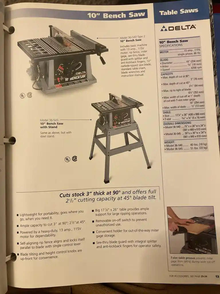 A page from a Delta brand table saw product catalog showing two models of 10" bench saws, one without a stand and one with a…
