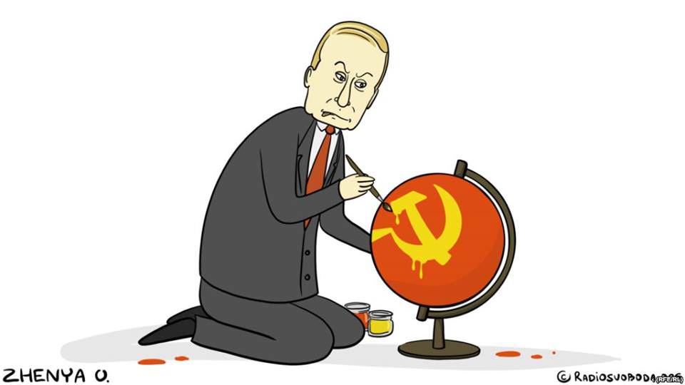 A cartoon depicts a man resembling Vladimir Putin kneeling and painting a hammer and sickle symbol onto a globe. He wears a…