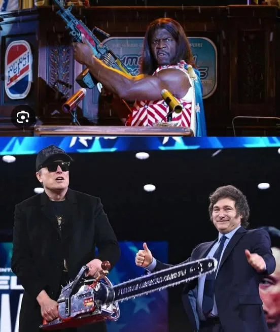 The image is a two-panel meme. The top panel shows a muscular man with long hair, wearing a red-and-white striped tank top…