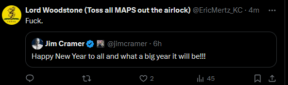 A screenshot of a Twitter thread shows a reply from user EricMertz_KC saying 'Fuck.' under a tweet from Jim Cramer that…