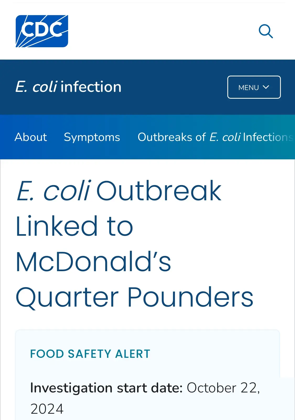 A screenshot of a fake CDC webpage shows a 'Food Safety Alert' headline claiming an E. coli outbreak is linked to McDonald's…