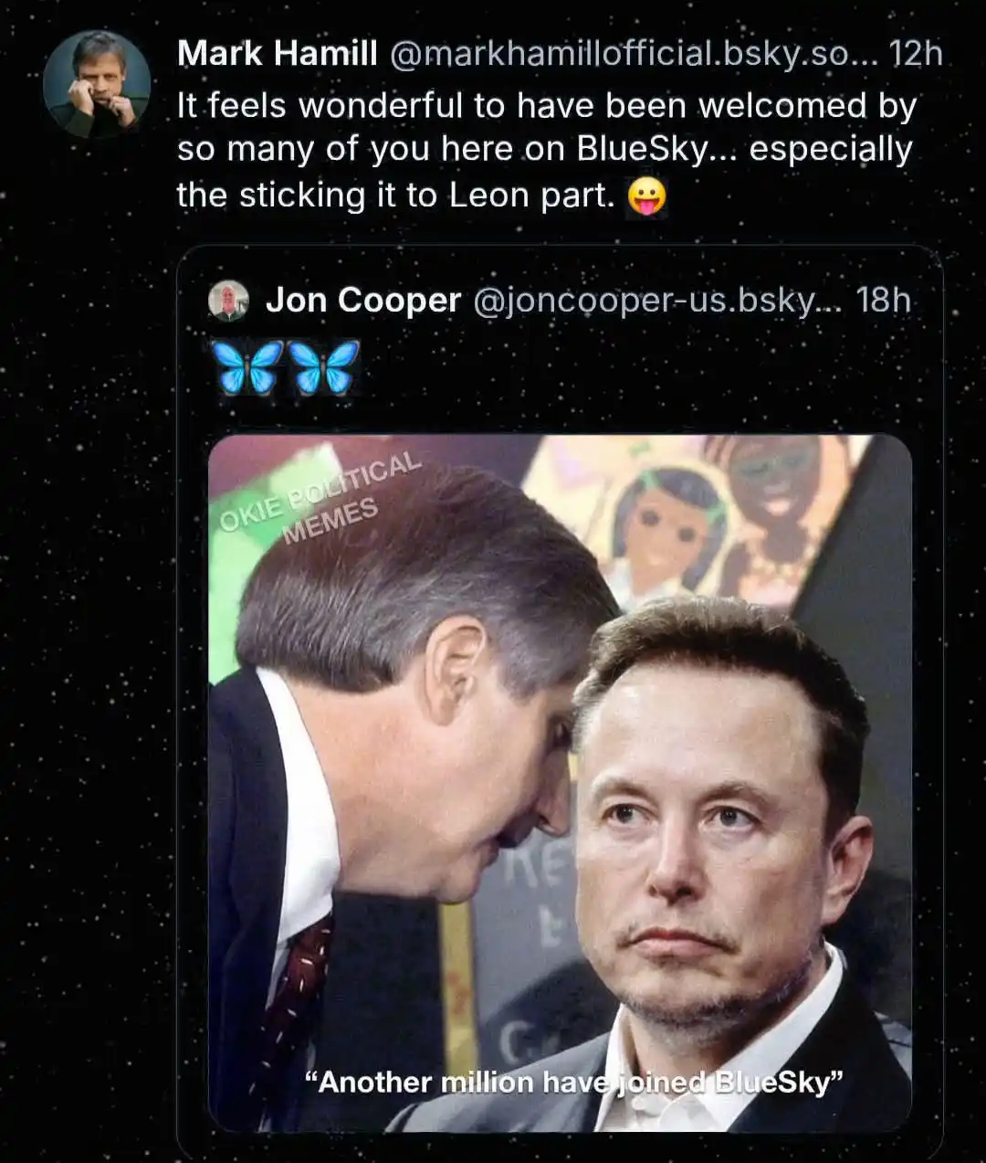 A screenshot of a BlueSky post by Jon Cooper shows a photo of Elon Musk looking at a man in a suit who is leaning in close…