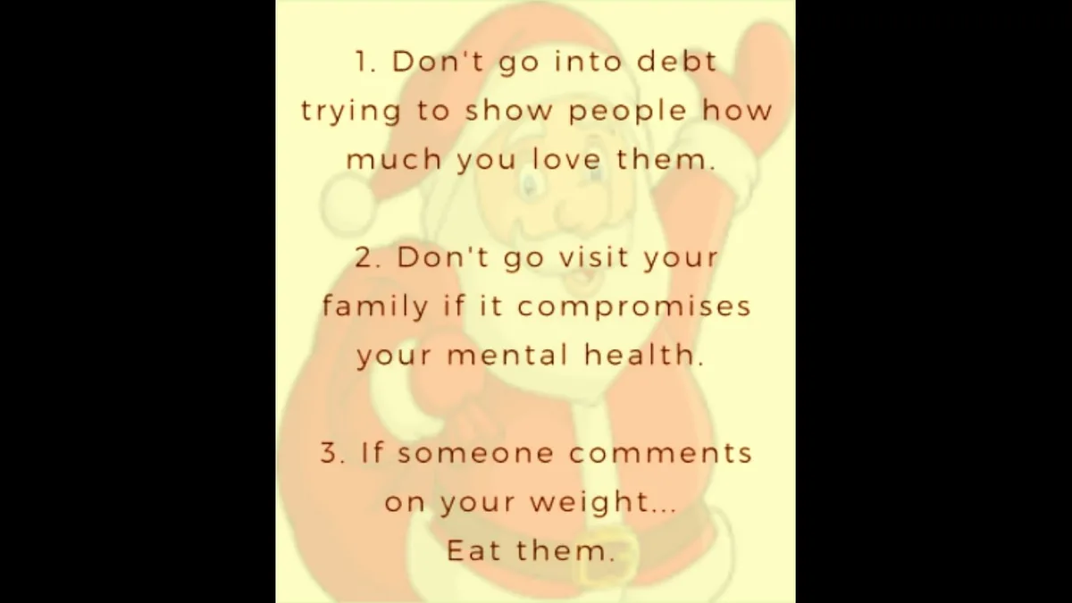 A cartoon Santa Claus with a cheerful expression is overlaid with three numbered rules in brown text. The rules advise…